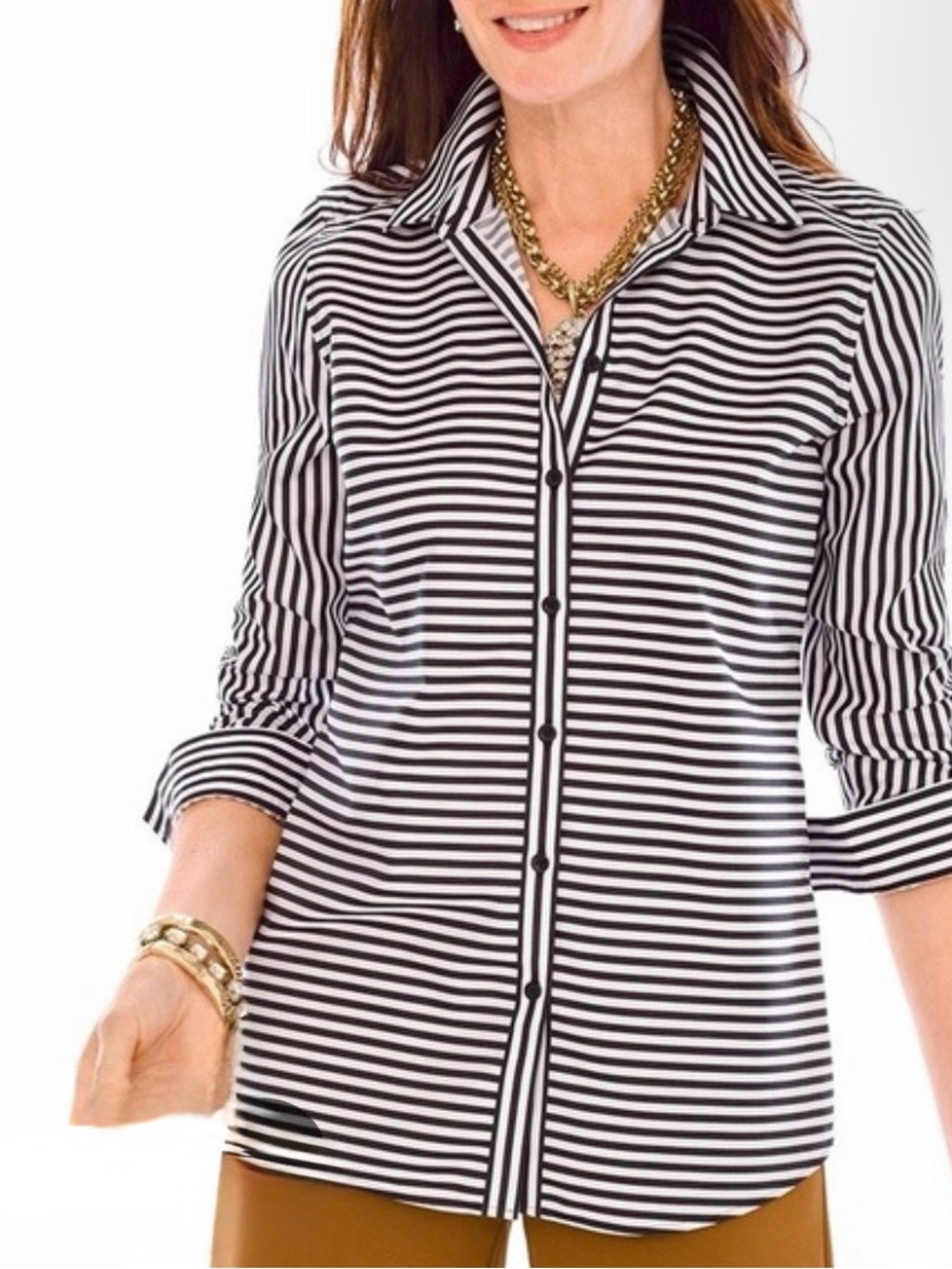 #10)  No iron 100% Cotton Chico's Monochrome Striped Shirt